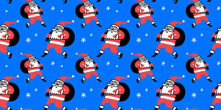 Vector horizontal winter illustration with Santa Claus character with gift bag on blue background with snowflake. Flat line art style Christmas seamless pattern design with Santa Claus for web, site, banner, poster, greeting card, printのイラスト素材