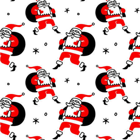 Vector winter illustration with Santa Claus character with gift bag on white background with snowflake. Flat line art style Christmas seamless pattern design with Santa Claus for web, site, banner, poster, greeting card, printのイラスト素材