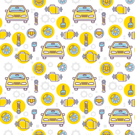 Vector illustration of yellow taxi car and different car part on white background. Line art style design of seamless pattern for web, site, banner, children print, textileのイラスト素材