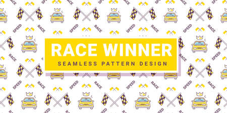 Vector auto sport illustration of winner car and race flag on white background with frame. Line art style design of car seamless pattern for web, site, banner, print, textileのイラスト素材