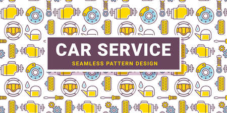 Vector horizontal illustration of different car part on white background. Line art style design of car service seamless pattern with frame for web, site, banner, print, textileのイラスト素材