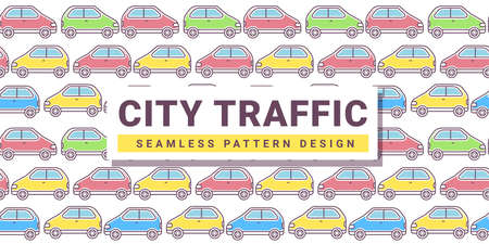 Vector kid illustration of colorful parking car on white background with frame. Line art style design of car traffic seamless pattern for web, site, banner, children print, textileのイラスト素材