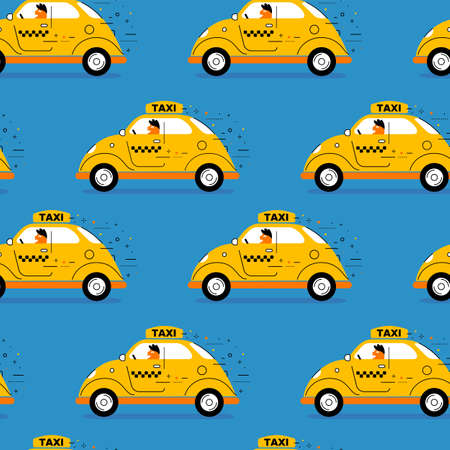 Vector kid illustration of color retro taxi car with driver on blue background. Line art style design of vintage city taxi car seamless pattern for web, site, banner, children print, textileのイラスト素材