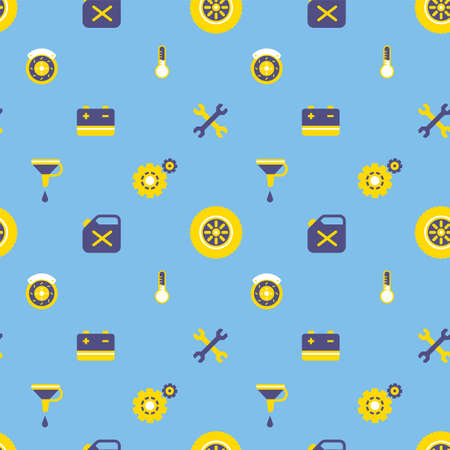Vector illustration of different car equipment on blue color background. Flat line art style design of car part seamless pattern for web, site, banner, print, textileのイラスト素材