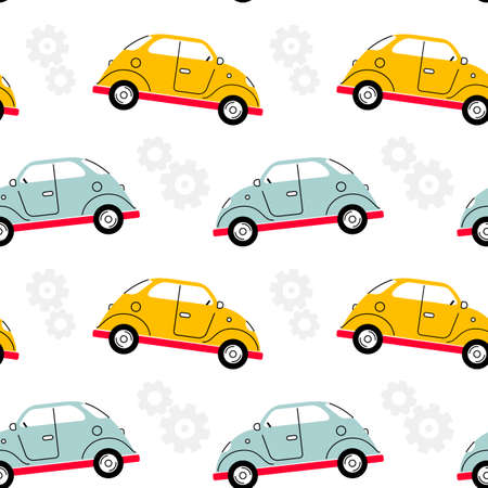 Vector kid illustration of color retro car on white background with cogwheel. Line art style design of vintage car seamless pattern for web, site, banner, children print, textileのイラスト素材