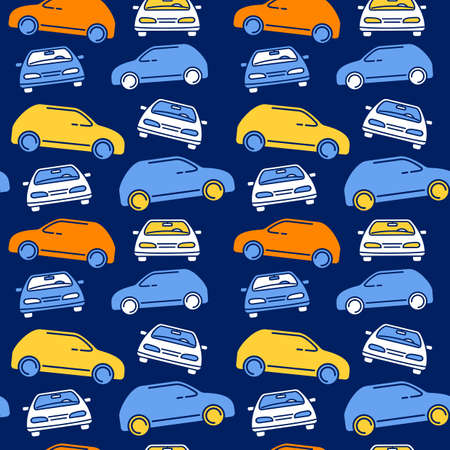 Vector kid illustration of colorful car on dark background. Line art style design of car parking seamless pattern for web, site, banner, children print, textileのイラスト素材