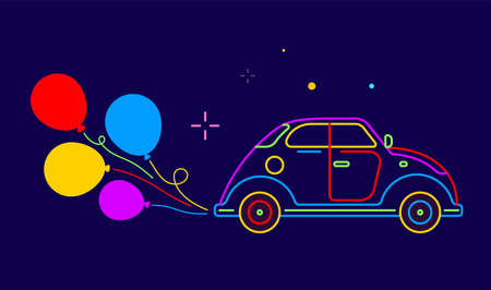 Vector neon color illustration of retro car on dark background with air balloon. Line art style design of holiday vintage car seamless pattern for web, site, banner, printのイラスト素材