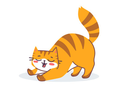 Vector illustration of happy cute striped red cat character on white color background. Flat line art style design of stretching animal tiger cat. Symbol of New Year 2022 for web, greeting card, bannerのイラスト素材