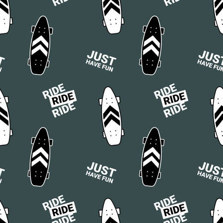 Skateboarding Seamless Pattern with Cartoon Skateboard. Vector Illustration of Textured Wide Long Board and Phrase. Line Art Style Skate on Dark Color Background for T-shirt and Paper Printのイラスト素材