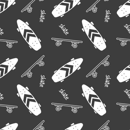 Vector Illustration of Skate Board. Flat Line Art Style Design with Skate on Dark Color Background. Skateboarding Seamless Pattern with Cartoon Skateboard for T-shirt and Paper Printのイラスト素材