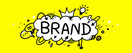 Vector yellow color illustration of cloud with word brand and crown. Business abstract decorative background. Doodle line art style design with word brand, light bulb and speech bubble for business banner, poster, printのイラスト素材