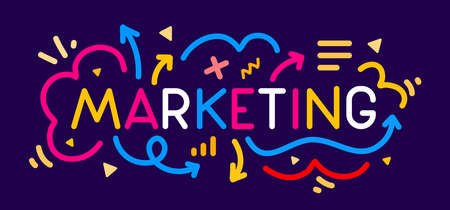Vector bright color decorative background with word marketing and arrow. Business abstract illustration on dark background. Doodle line art style design with word marketing for business banner, poster, printのイラスト素材