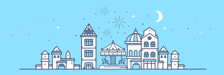 Vector monochrome illustration of white city street with children carousel with horse on blue color sky background with firework and moon. Line art style design of panorama of european city for web, site, banner, poster, flyerのイラスト素材