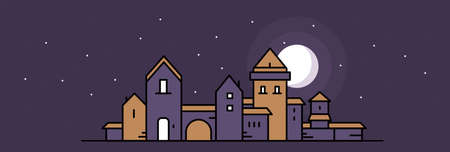 Vector illustration of night city street on dark color sky background with star and shine full moon. Line art style design of night city for web, site, banner, poster, flyerのイラスト素材