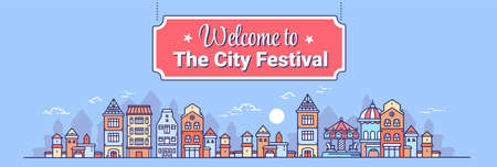 Vector illustration of city street on blue color sky background with welcome signboard. Line art style design of panorama of european city with sun and cloud for web, site, banner, poster, flyerのイラスト素材