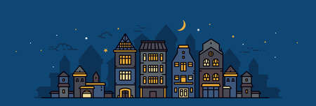 Vector illustration of night city street on dark blue color sky background with shine window and cloud. Line art style design of night panorama of european city with moon and star for web, site, banner, poster, flyerのイラスト素材