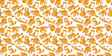 Vector seamless pattern with happy cute striped red cat character on white color background. Flat line art style design of animal tiger cat in different pose. Symbol of New Year 2022 for web, greeting card, bannerのイラスト素材