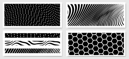Vector set of abstract black and white illustration of different line and hexagon pattern, decorative background for banner, poster, printのイラスト素材