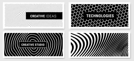 Vector set of abstract black and white illustration of different wave line and dot pattern with frame and text, hexagon decorative background for banner, poster, printのイラスト素材