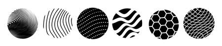 Vector set of abstract black and white illustration of different line and hexagon pattern in round frame, decorative background for banner, poster, printのイラスト素材