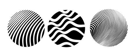 Vector set of abstract black and white illustration of different wave line pattern in round frame, decorative background for banner, poster, printのイラスト素材