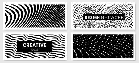 Vector set of abstract black and white illustration of different wave line and dot pattern with frame and text, decorative background for banner, poster, printのイラスト素材