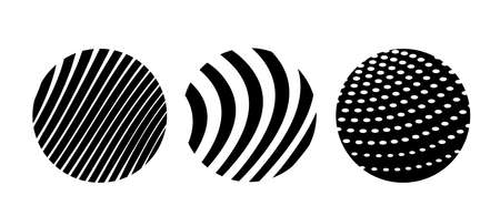 Vector set of abstract black and white illustration of different line and dot pattern in round frame, decorative background for banner, poster, printのイラスト素材