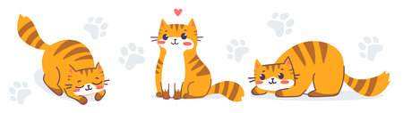 Vector set of illustration of happy cute animal tiger cat character on white color background. Flat line art style design of striped red cat in different pose. Symbol of New Year 2022 for web, greeting card, bannerのイラスト素材