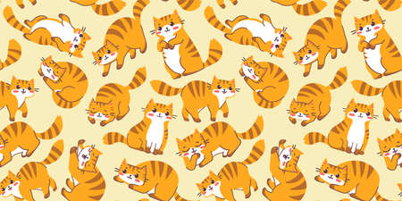 Vector seamless pattern with happy cute animal tiger cat on color background. Flat line art style design of striped red cat character in different pose. Symbol of New Year 2022 for web, greeting card, bannerのイラスト素材