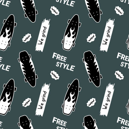 Vector Illustration of Flame Textured Skate Board with Word. Skateboarding Seamless Pattern with Cartoon Skateboard. Flat Line Art Style Design with Skate on Dark Color Background for T-shirt and Paper Printのイラスト素材
