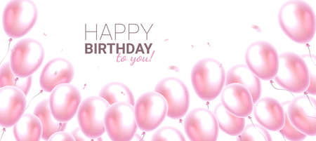 Vector happy birthday illustration with heap of realistic pink color air balloon with text and confetti. Beautiful holiday template design with balloon on light background for greeting card, party poster, invitation, bannerのイラスト素材