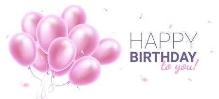 Vector happy birthday illustration with flying realistic pink color bunch of air balloon with confetti and text. Beautiful holiday template design with balloon on light background for greeting card, party poster, invitation, bannerのイラスト素材