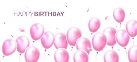 Vector happy birthday illustration with heap of realistic pink color air balloon on light background. Beautiful holiday template design with balloon, text and confetti for greeting card, party poster, invitation, bannerのイラスト素材