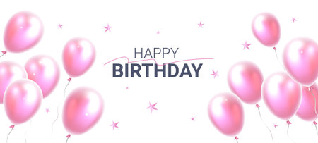 Vector happy birthday illustration with realistic pink color air balloon on light background with confetti. Beautiful holiday template design with balloon and text for greeting card, party poster, invitation, bannerのイラスト素材