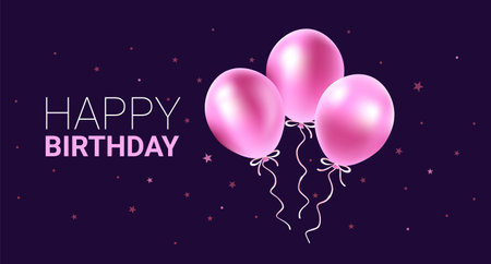 Vector happy birthday illustration with pink color realistic air balloon with text on dark background with glitter confetti. Beautiful holiday template design with balloon for greeting card, party poster, invitation, bannerのイラスト素材