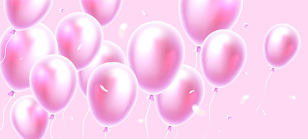 Vector happy birthday illustration with flying realistic pink color air balloon on pink background with confetti. Beautiful holiday template design with balloon for greeting card, party poster, invitation, bannerのイラスト素材