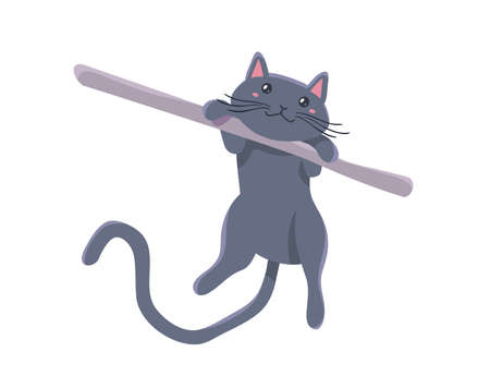 Vector illustration of happy cute gray cat character on white color background with shadow and stick. Flat style design of hanging on stick animal cat for web, site, banner, poster, child cardのイラスト素材