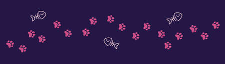 Vector illustration of path of animal paw print on dark color background and fish bone. Flat style design of seamless pattern with cat paw for web, site, banner, poster, cardのイラスト素材