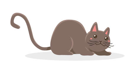 Vector illustration of happy cute brown cat character on white color background with shadow. Flat style design of lying animal cat for web, site, banner, poster, child cardのイラスト素材