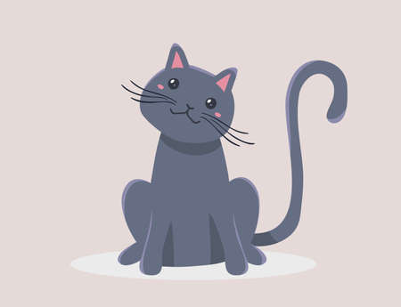 Vector illustration of happy cute gray cat character on color background with shadow. Flat style design of sitting animal cat for web, site, banner, poster, child cardのイラスト素材