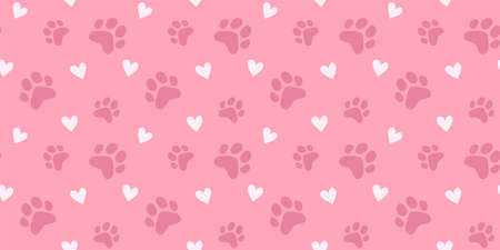 Vector illustration of animal paw print with heart on pink color background. Flat style design of seamless pattern with cat paw for web, site, banner, poster, cardのイラスト素材