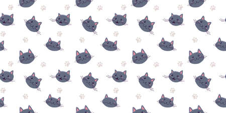 Vector horizontal illustration with head of happy cute cat character on light color background with paw print. Flat style seamless pattern design of animal cat for web, site, banner, poster, printのイラスト素材