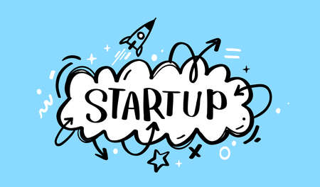 Vector illustration of cloud with word stratup and space ship. Business abstract decorative blue color background. Doodle line art style design with word stratup for business banner, poster, printのイラスト素材