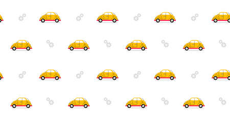 Vector horizontal children illustration of yellow retro car on white background with gear. Line art style design of car seamless pattern for web, site, banner, printのイラスト素材