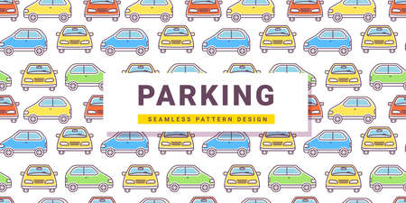 Vector kid illustration of colorful car with frame and word parking on white background. Line art style design of car seamless pattern for web, site, banner, printのイラスト素材