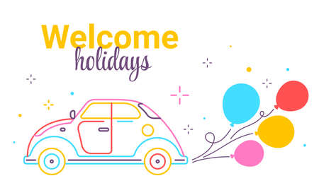 Vector color illustration of retro car on white background with bright air balloon. Line art style design of holiday vintage car for web, site, banner, printのイラスト素材