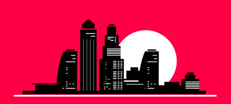 Vector illustration of silhouette of cityscape on red color background with white sun. Flat style design of panorama of white and black city street for web, site, banner, poster, printのイラスト素材
