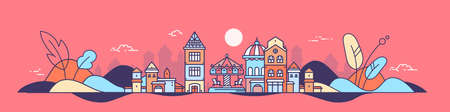 Vector illustration of flying city street on red color sky background with plant and shine sun. Line art style design of panorama of european city with children carousel and horse for web, site, banner, poster, flyerのイラスト素材