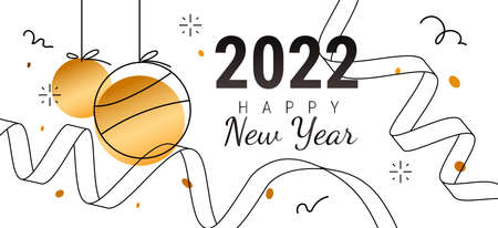Vector happy new year illustration with Christmas ball and ribbon. Beautiful holiday template line art style design with text and confetti for 2022 new year greeting card, banner on white color backgroundのイラスト素材