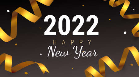 Vector happy new year illustration with golden ribbon and number 2022. Beautiful holiday template design with text and confetti for 2022 new year greeting card, banner on black color backgroundのイラスト素材